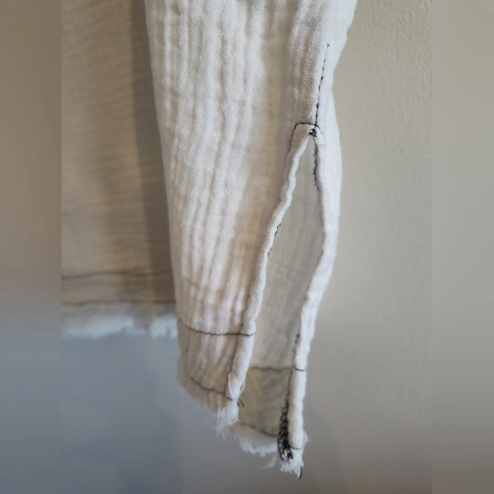 Entro Cotton Gauze Boxy Fringe Top  Shirt Coastal Grandma Cream Black Large - Picture 7 of 8